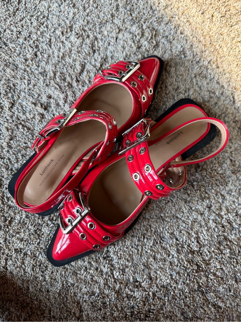 Red Patent Slingback Mules with Grommet Straps